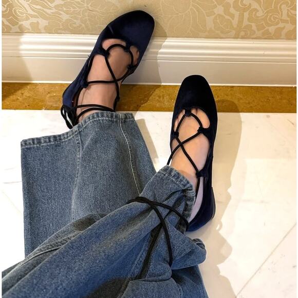 💙 ZARA Velvet Ballet Flats NWT | Ankle Wrap Tie Closure Navy Blue 7.5–9 - Picture 9 of 16